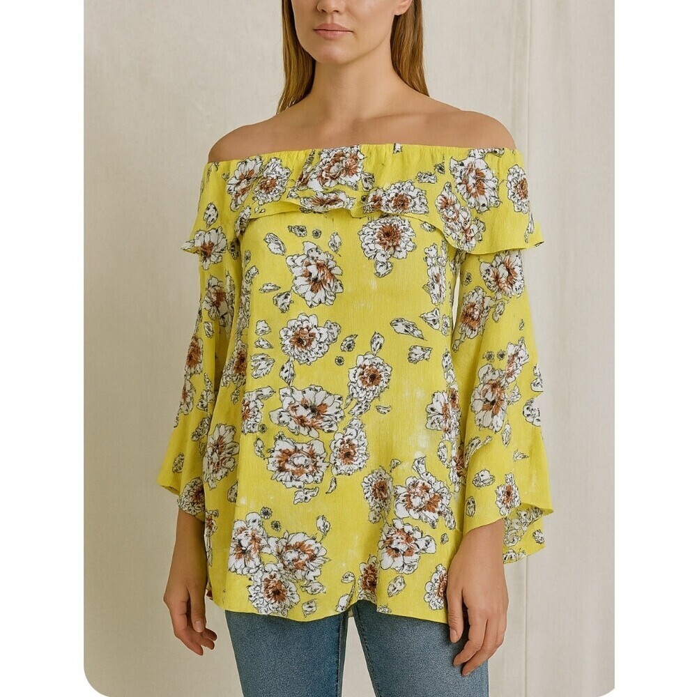 Blue Heaven blouse yellow floral BoHo top with ruffle sleeves crinkle cut SZ M